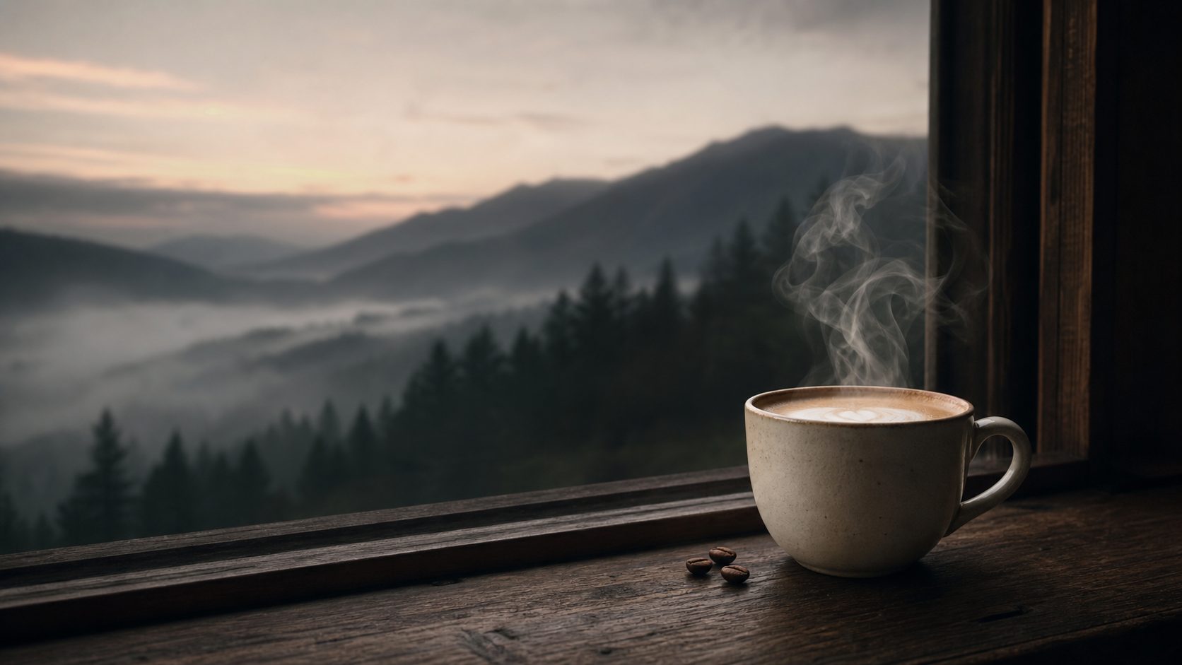山嵐間的咖啡店窗景,一杯熱拿鐵在窗台,蒸氣上升