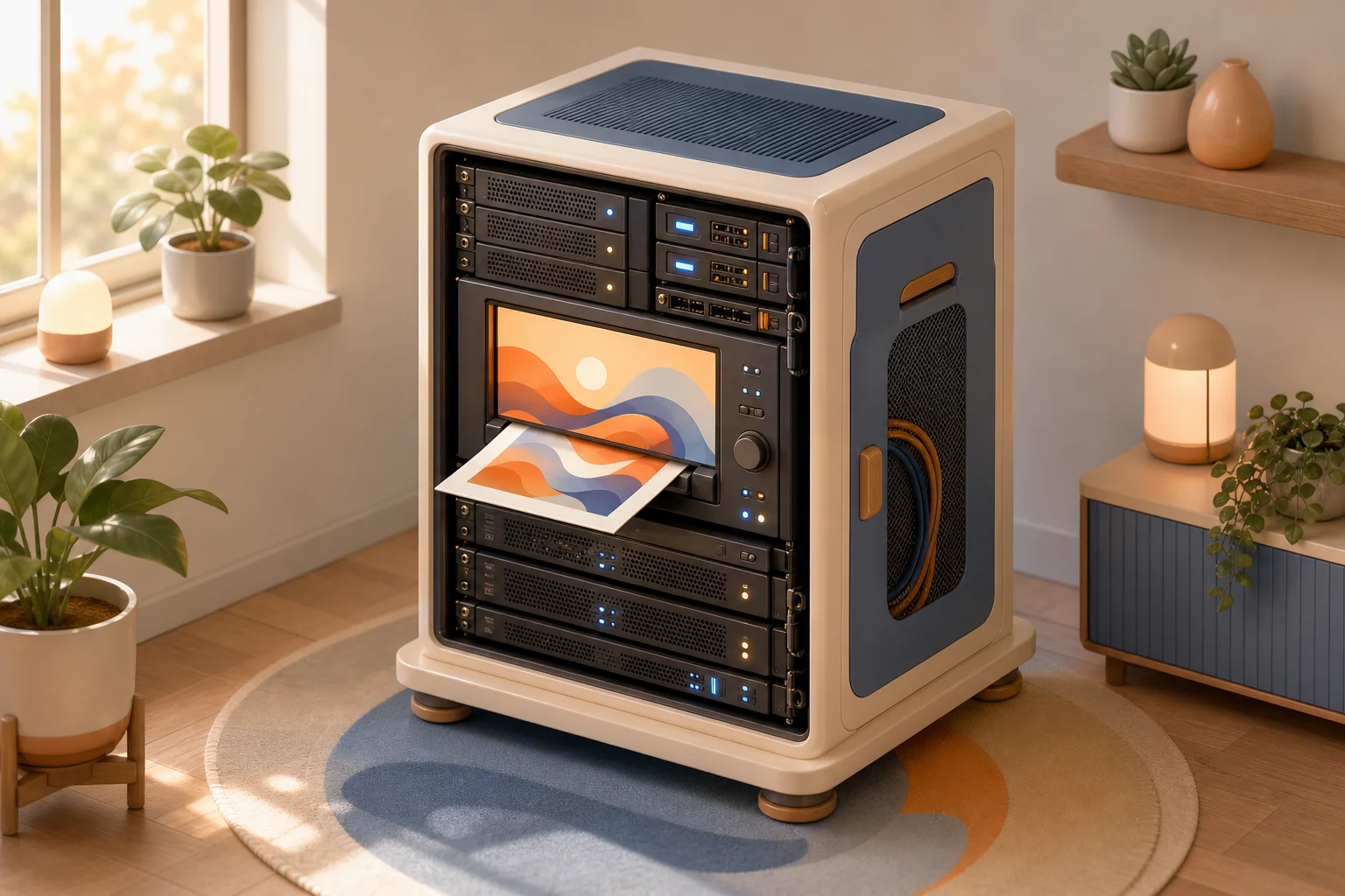 示範圖：等距視角的小型 home-server 機架，螢幕正在印一張抽象圖