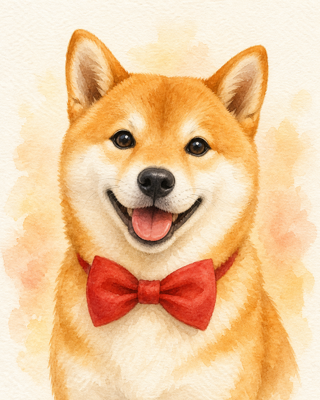 Watercolor Shiba Inu with red bow tie