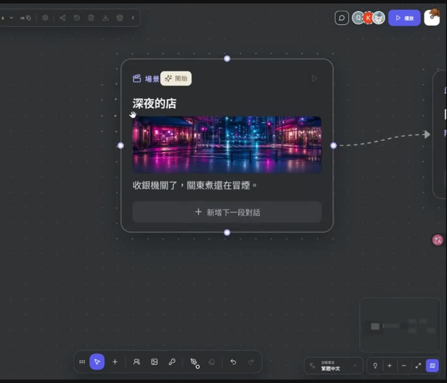 場景卡「深夜的店」。左上角的「開始」標籤代表這張是整章的起點,卡片底下的「新增下一段對話」就是加一句的入口。