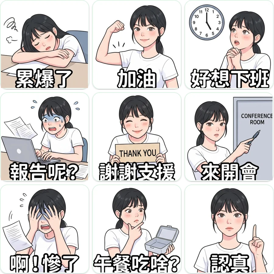 一組九張的 LINE 貼圖範例,同一個角色的不同表情,各自配一句短語