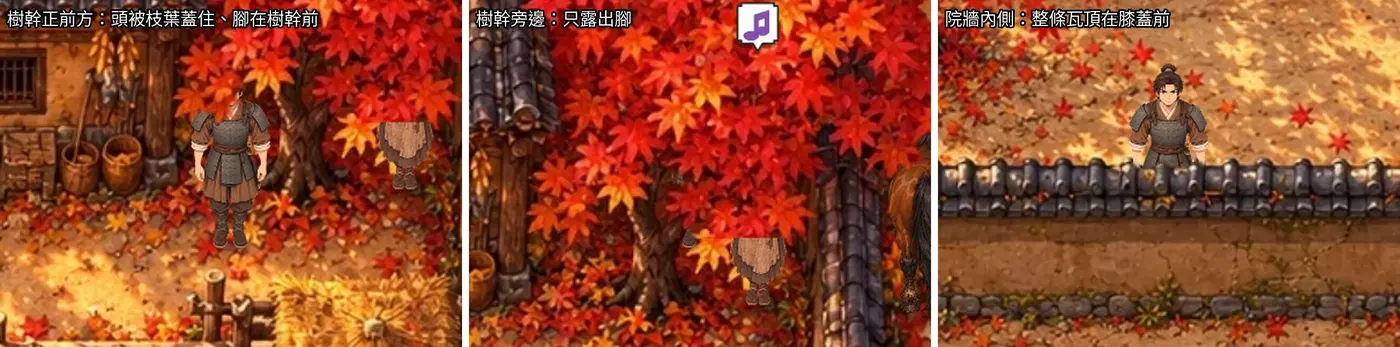 三張遊戲裡的近看：主角站在楓樹幹正前方頭被枝葉蓋住；站在樹幹旁邊只露出腳；站在院牆內側整條瓦頂在膝蓋前面