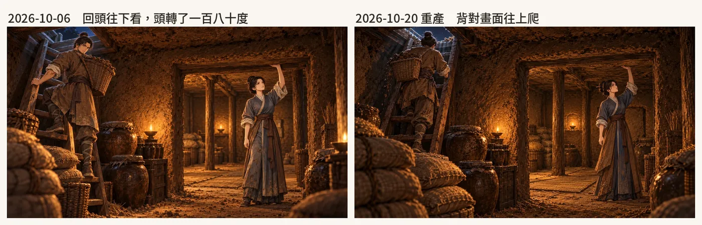 〈糧窖底下〉:回頭往下看,頭轉了一百八十度(左),改成背對畫面往上爬(右)