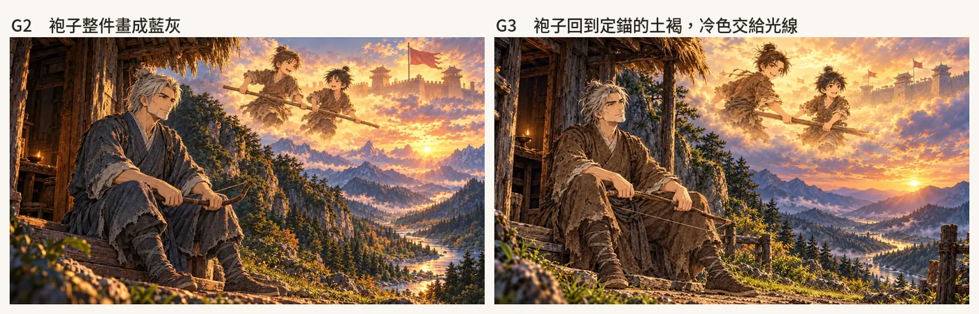 封面 G2:袍子整件畫成藍灰(左);G3:袍子回到土褐,冷色交給光線(右)