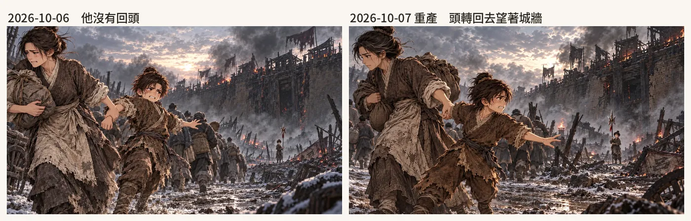 〈被拖走,回頭〉:原本那一輪他沒有回頭(左),重產後頭轉回去望著城牆(右)
