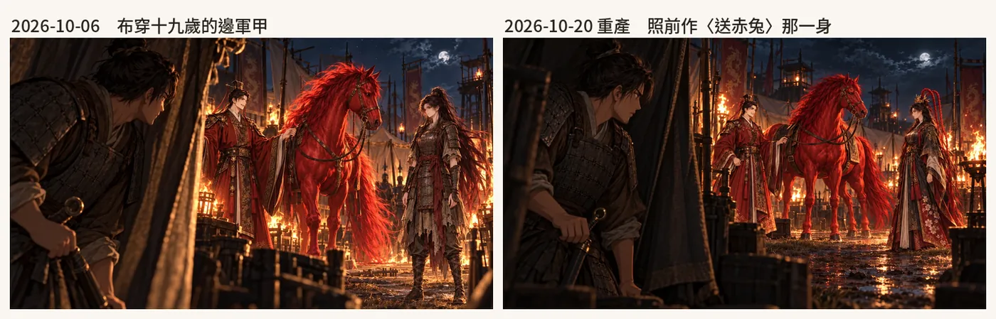 〈營中夜色,火一樣的馬〉:舊圖裡布穿邊軍甲(左),重產照〈送赤兔〉那一身(右)