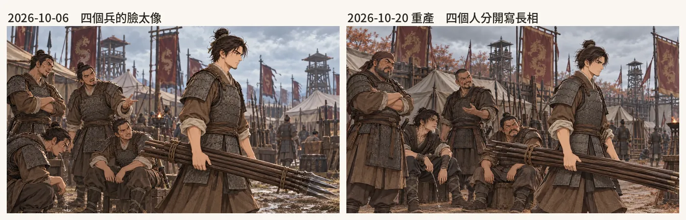 〈第二天,營裡〉:四個兵的臉太像(左),分開寫長相以後重產(右)