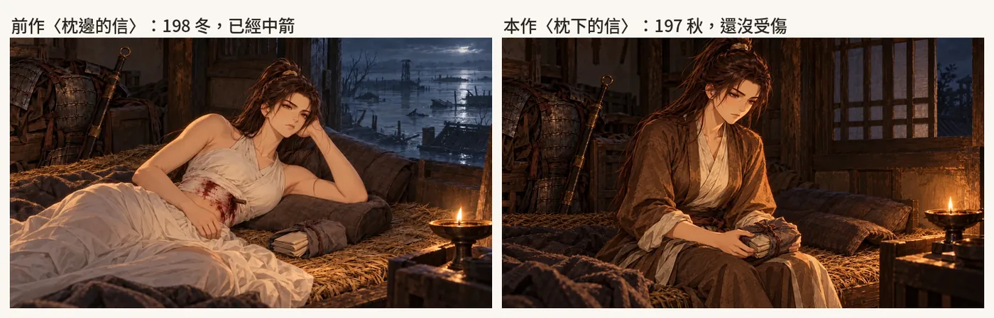 前作〈枕邊的信〉(左,198 冬)當參考,新畫〈枕下的信〉(右,197 秋)