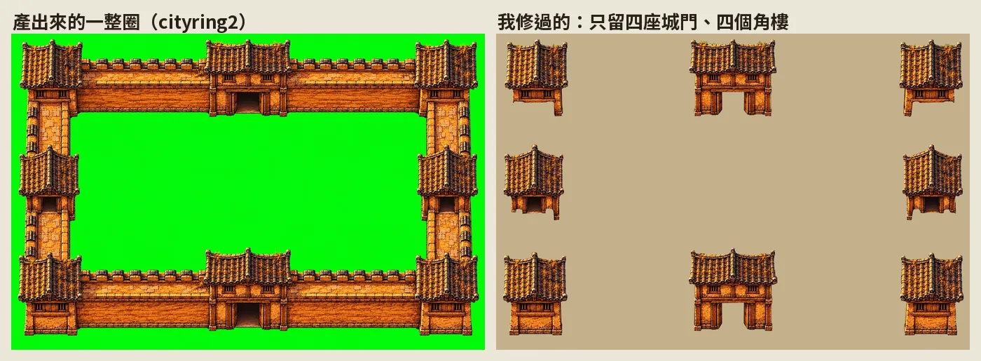 左:產出來的一整圈,南牆的垛口畫在靠城裡那一側,方向反了;右:我修過的那一張,只留八座城樓,南北門的門洞透空