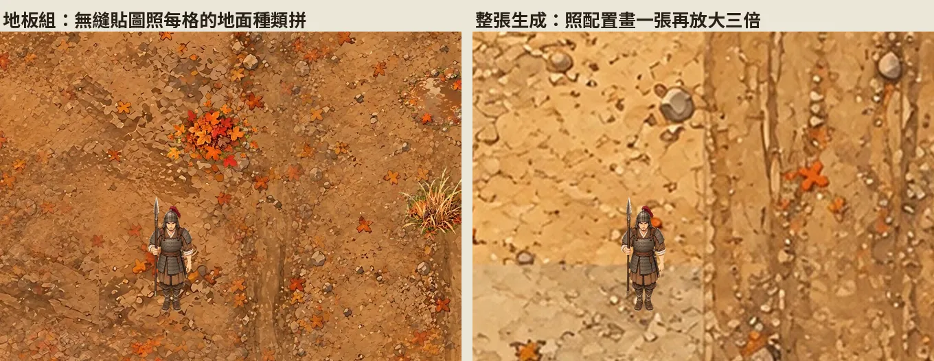 同一個地方(A2),一格 48 像素,放一個人比大小。左:地板組拼的;右:整張生成放大三倍