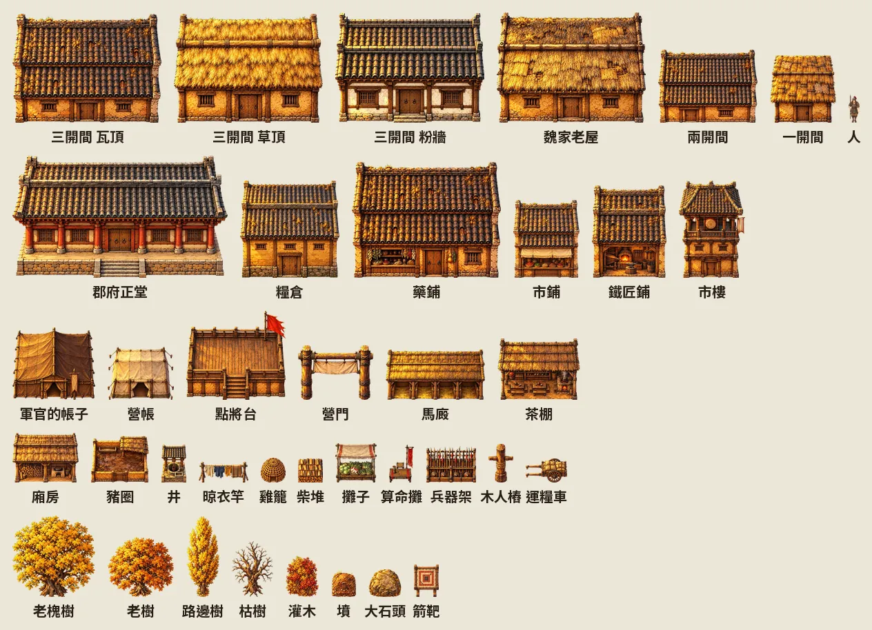 五原用到的物件,照設計寬度、同一個比例排;第一排最右邊是一個人