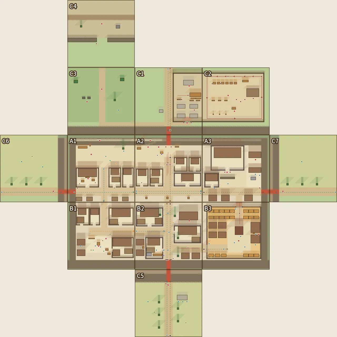plan.py 畫的色塊總圖:深色是佔地,斜線是往上長、人走到後面會被蓋住的範圍;小圓點是路人,虛線箭頭是路過的人走的路,C2 那圈紅線是校場跑步的路線