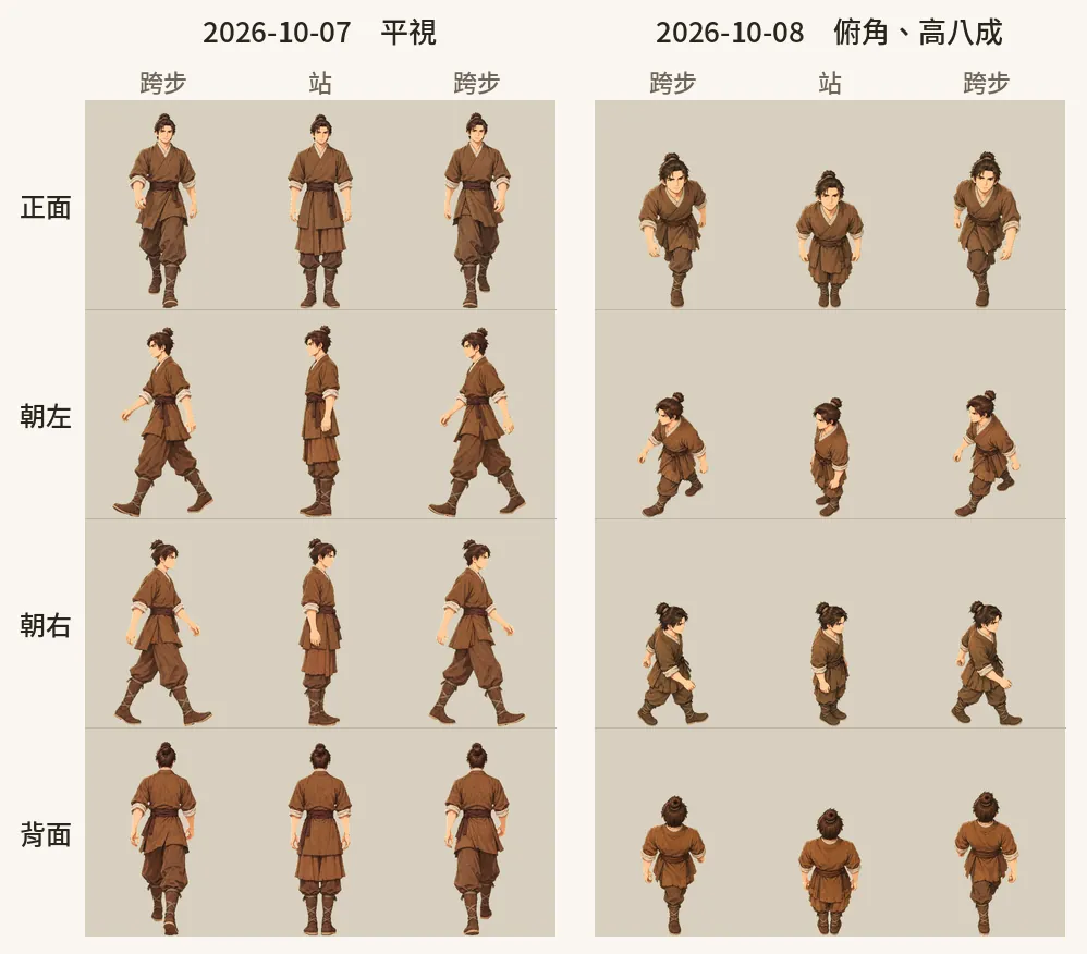 魏續十八歲:2026-10-07 的平視版(左)與 2026-10-08 的俯角版(右),右邊的側面走成了往左下、右下