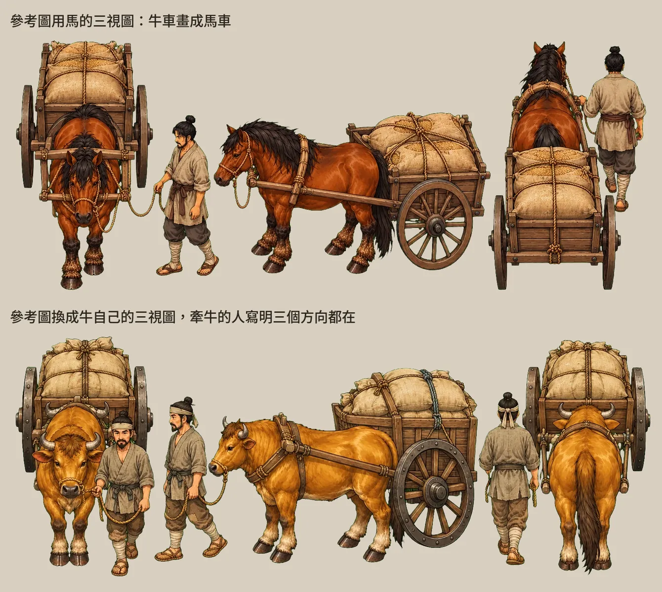 牛車的三視圖:參考圖用馬時畫成馬車(上),換成牛自己的三視圖(下)