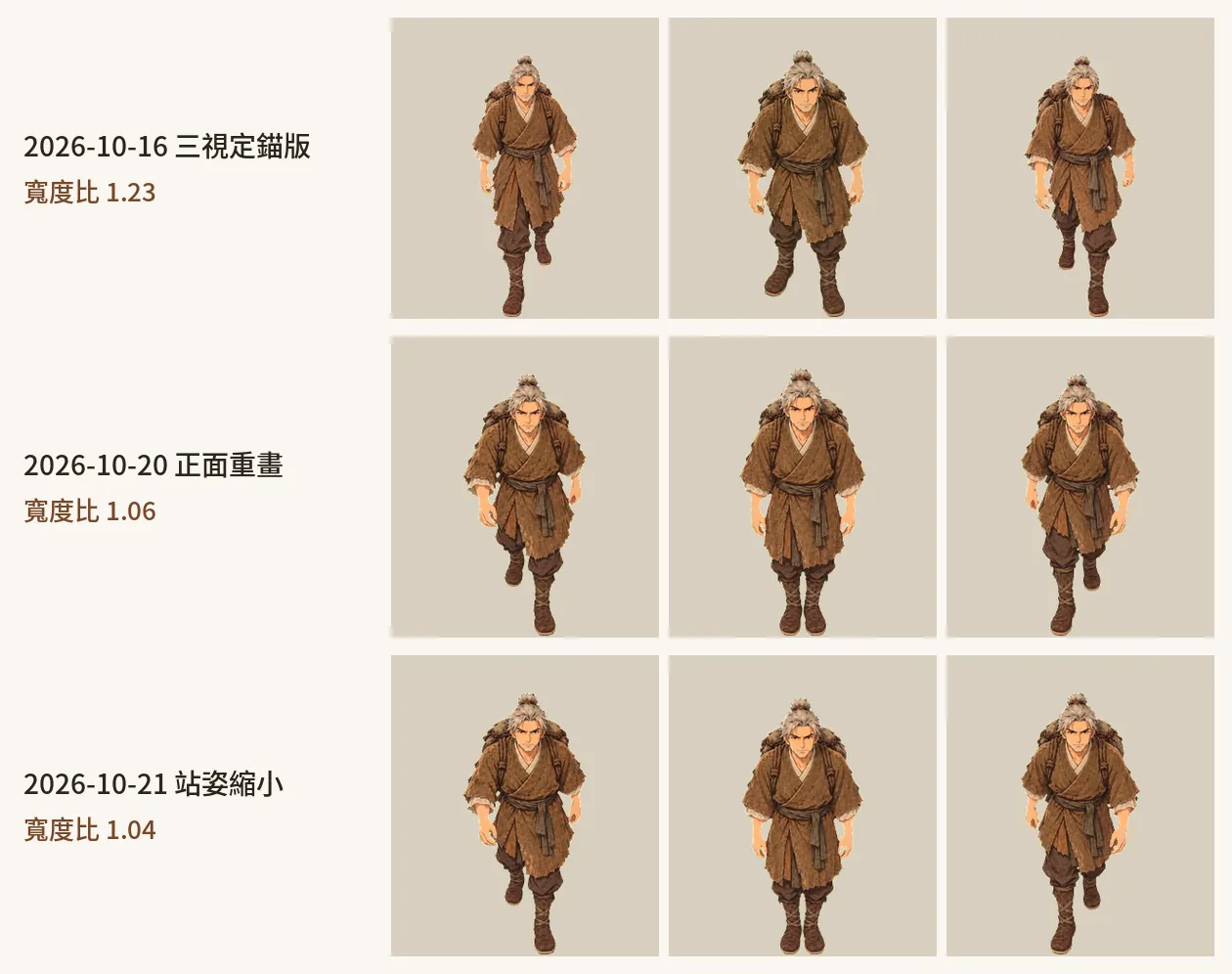 魏續六十二歲的正面那一列:2026-10-16 跨步兩格比站姿小一圈,2026-10-20 重畫正面,2026-10-21 再縮站姿