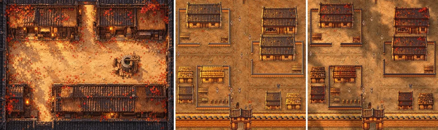 左:舊版五原的街(目標);中:拼出來的 B2;右:物件一件一件重畫、地面疊光影的試做