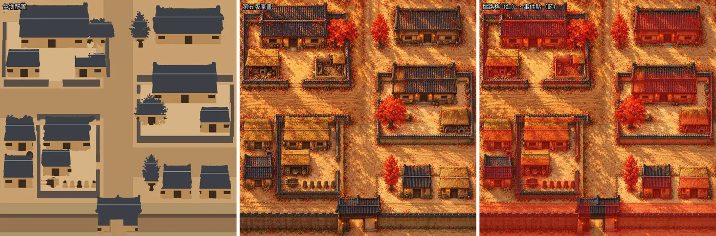 第五版 B2:左 色塊配置;中 原畫;右 擋路格(紅)和事件點(藍)疊在原畫上