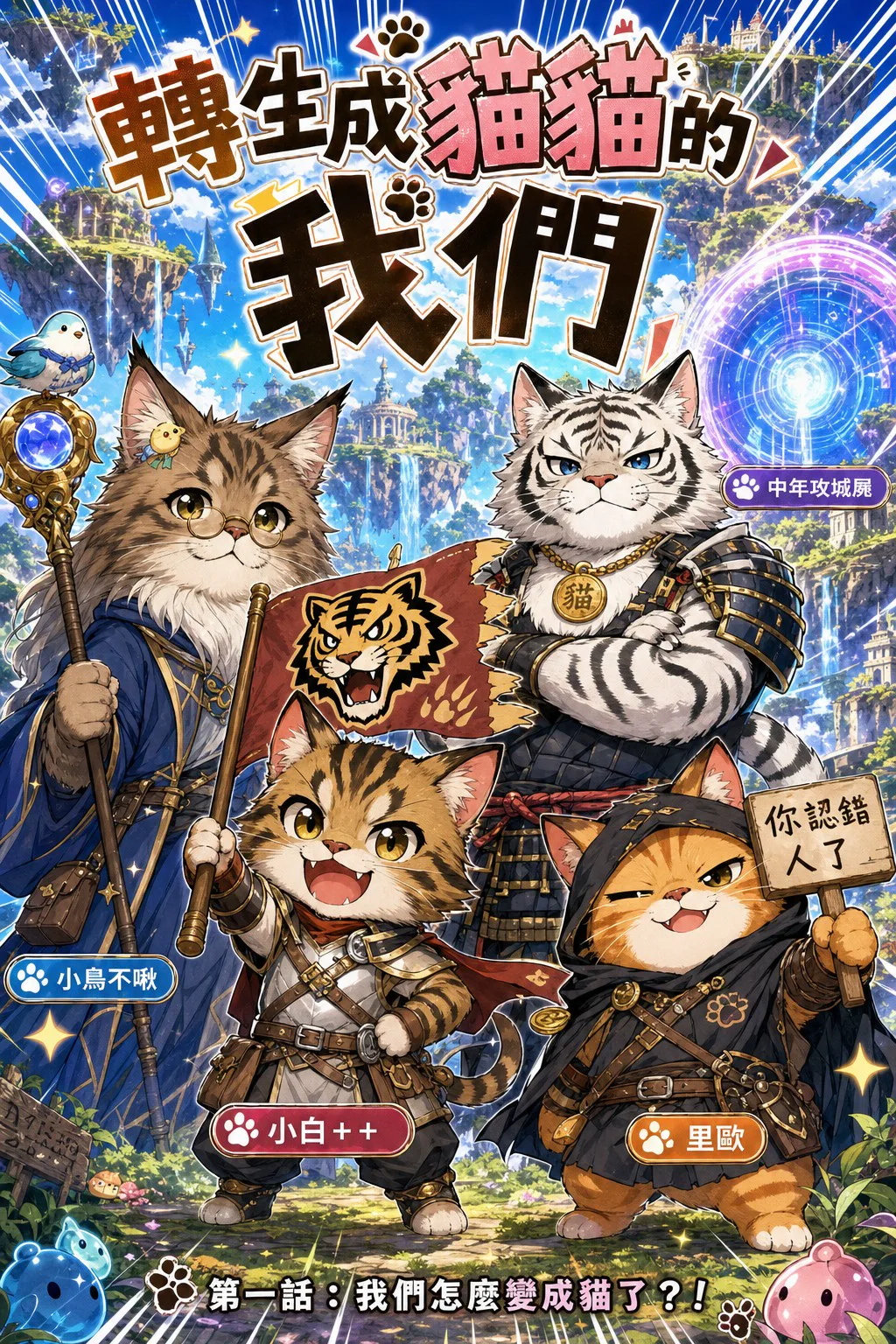 第一話封面：小鳥不啾、小白++、中年攻城屍、里歐，四位貓貓冒險者集結
