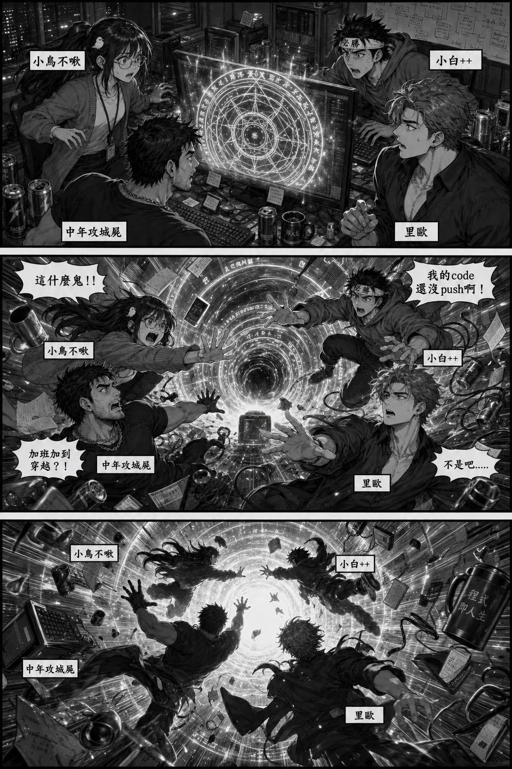 螢幕上浮現魔法陣，四人連人帶咖啡被吸進漩渦，我的 code 還沒 push 啊