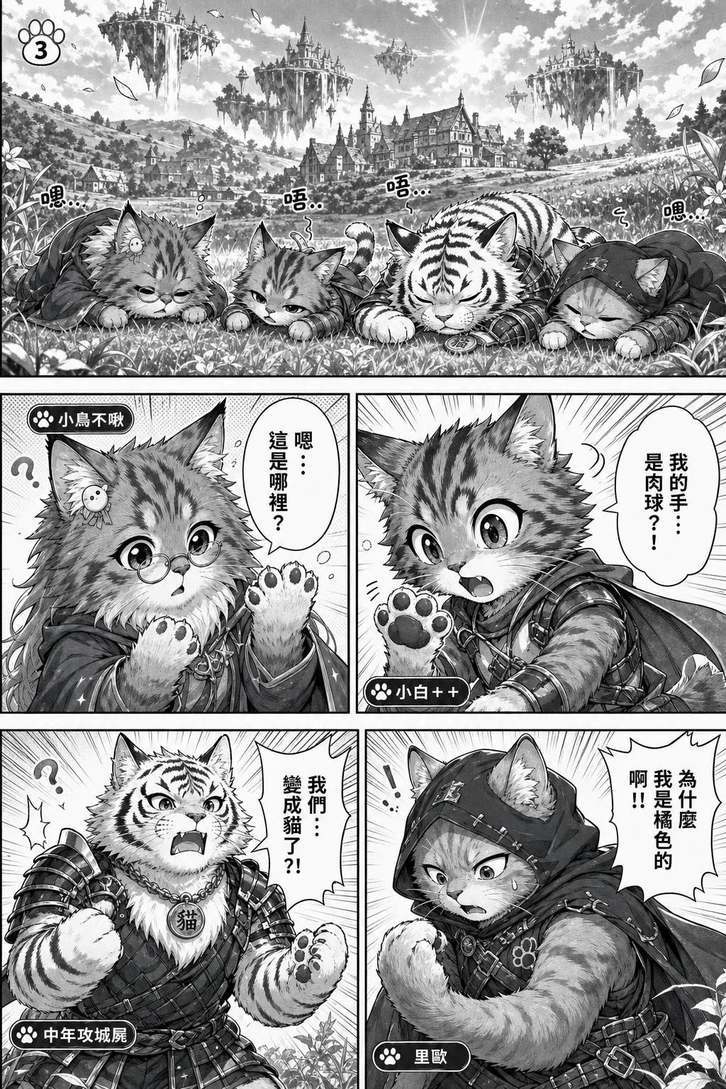 在異世界的草原上醒來，四人發現自己變成了貓，我的手是肉球？！