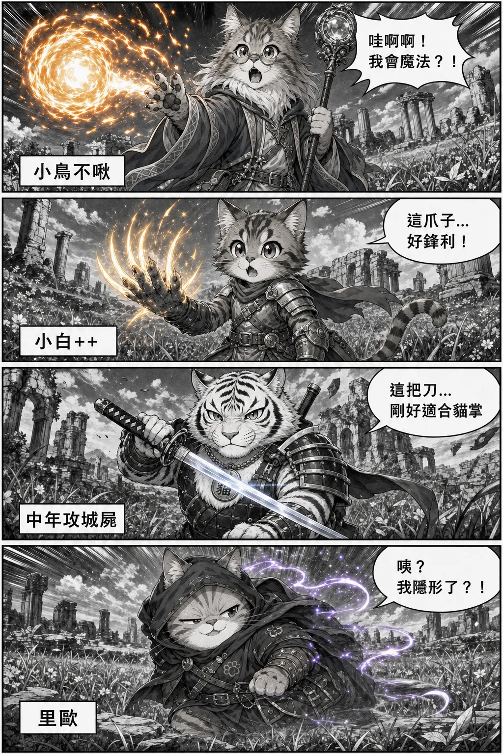 各自覺醒能力：小鳥不啾的火球魔法、小白++的發光利爪、中年攻城屍的武士刀、里歐的隱形術
