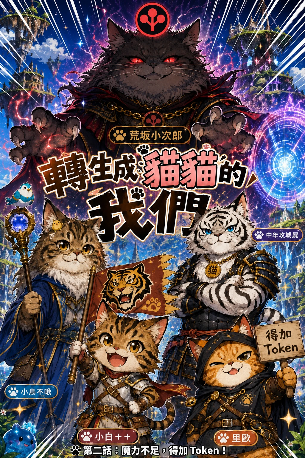 第二話封面：紅眼魔王荒坂小次郎籠罩在四貓上方，里歐舉著「得加 Token」的木牌
