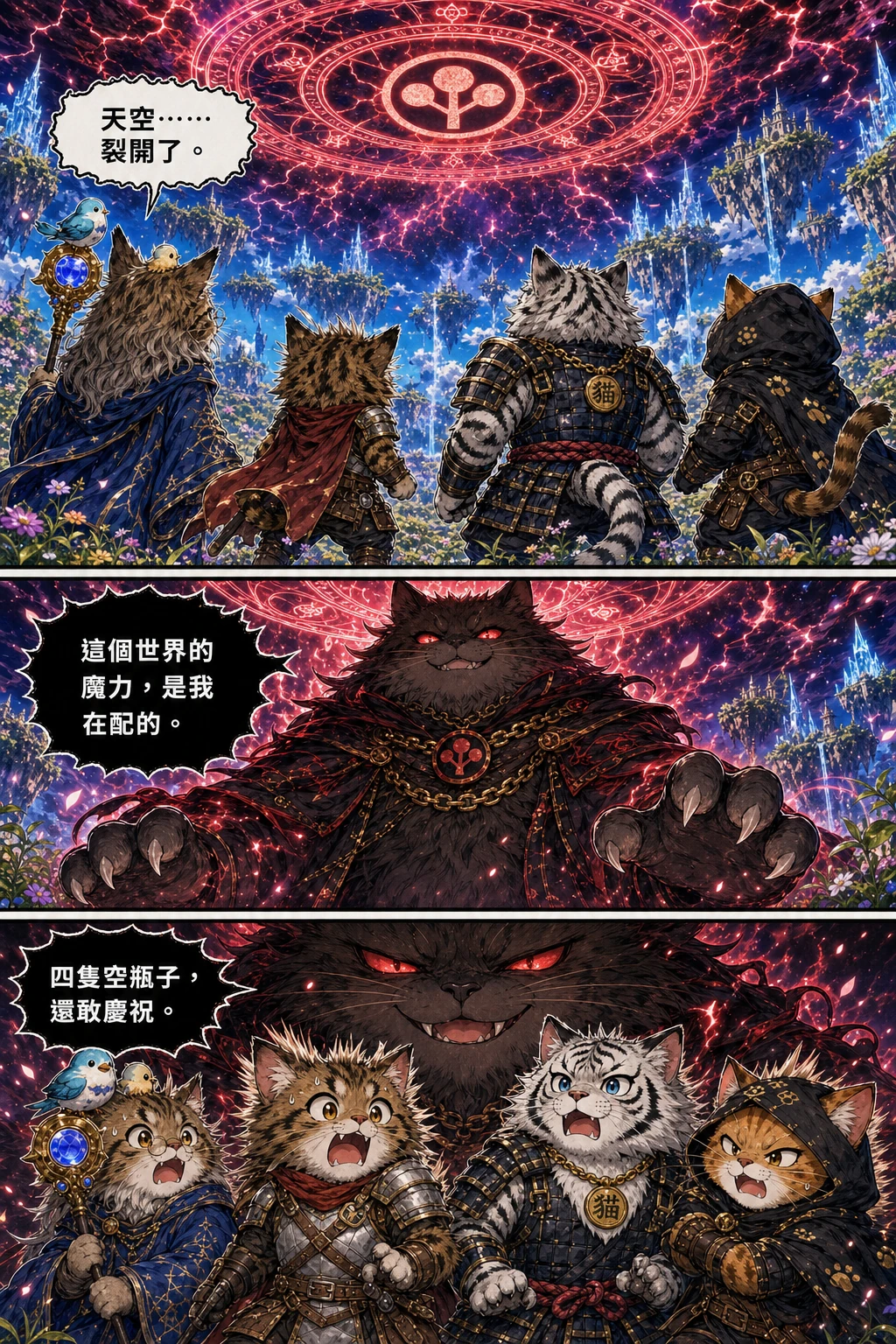 天空裂開，紅色魔法陣展開，暗棕色長毛的紅眼魔王荒坂小次郎降臨，四貓炸毛後退