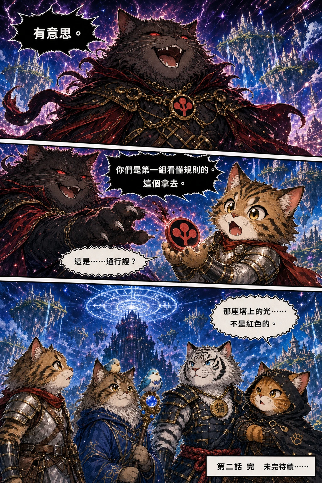 魔王大笑並拋下紅色紋章當通行證，四貓回頭望見遠方黑塔頂端亮起更大的藍白色魔法陣，第二話完