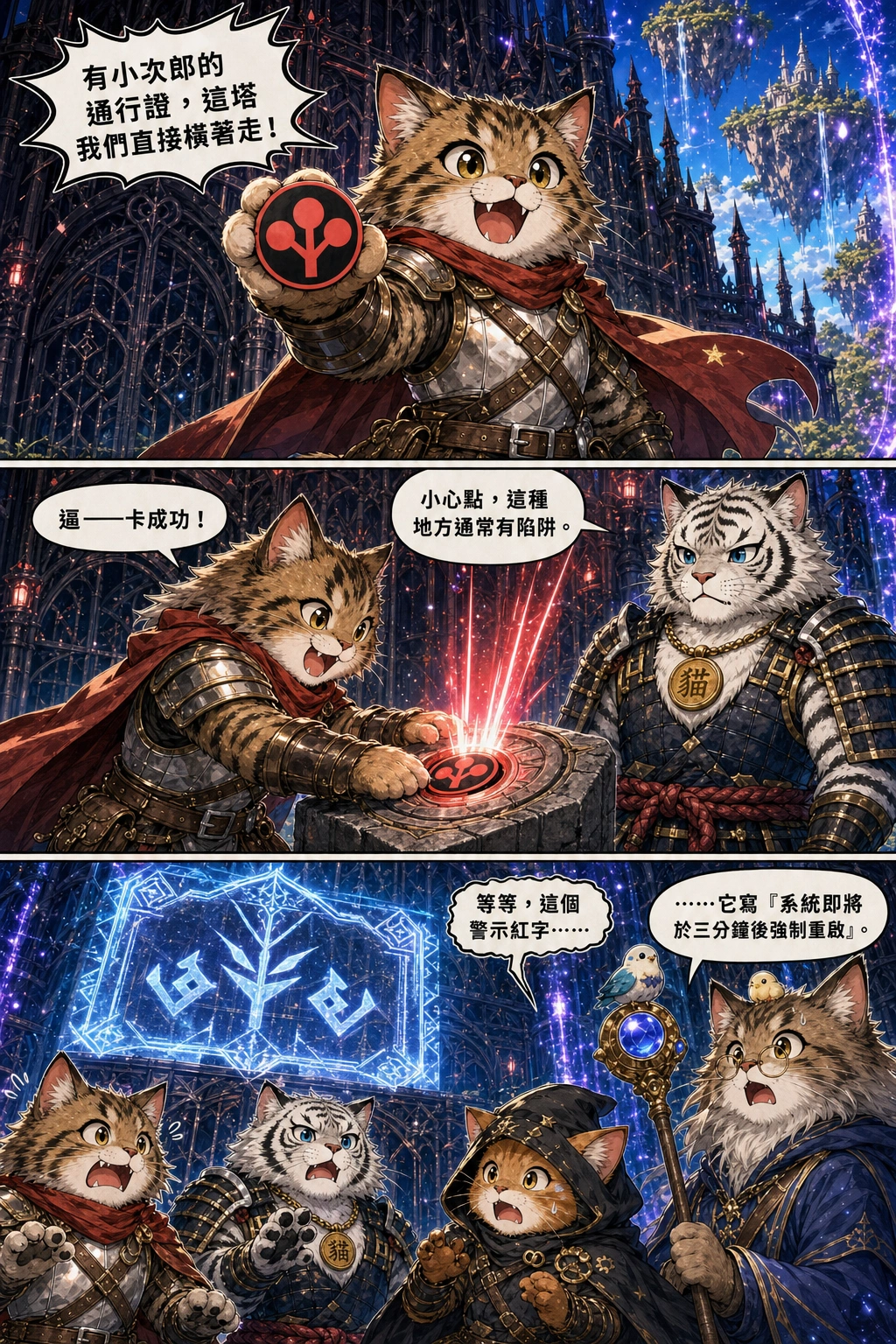 SWORDSMAN CAT proudly holds up THE PASS - the round black medallion with a red rim and a flat red three-balled emblem - in front of a massive iron gate of the black tower, looking ultra confident.：小白++「有小次郎的通行證，這塔我們直接橫著走！」、中年攻城屍「
