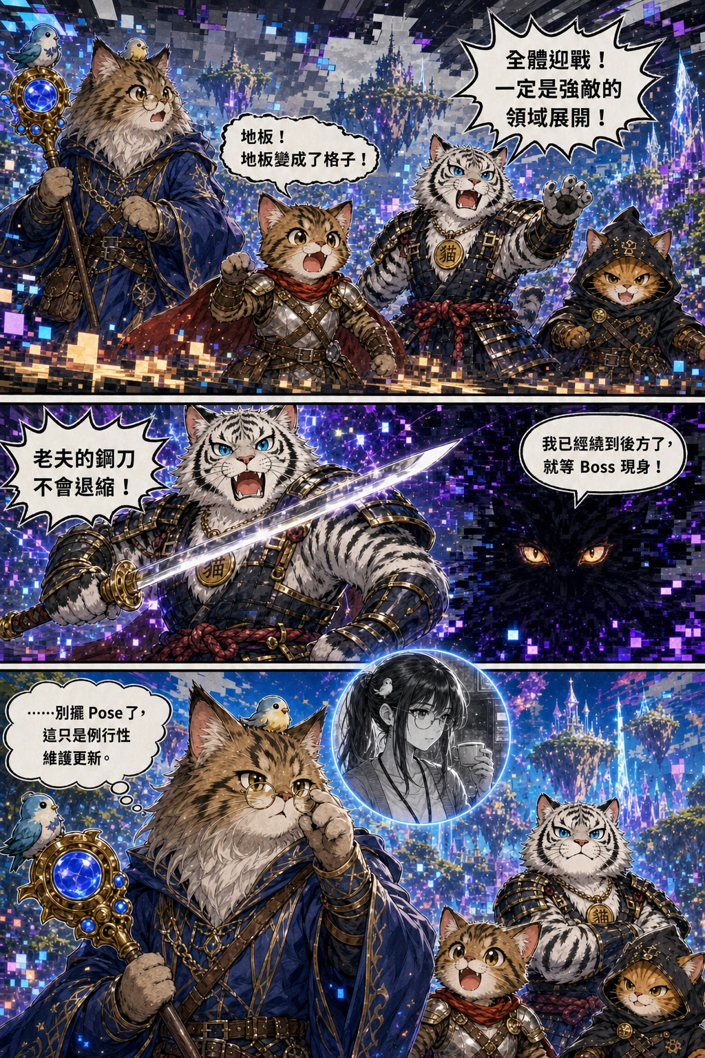 The surrounding dark forest begins to glitched out; sky color glitches into low-poly grey rectangles, ground pixels pixelating.：小白++「地板！地板變成了格子！」、中年攻城屍「全體迎戰！一定是強敵的領域展開！」、中年攻城屍「老夫的鋼