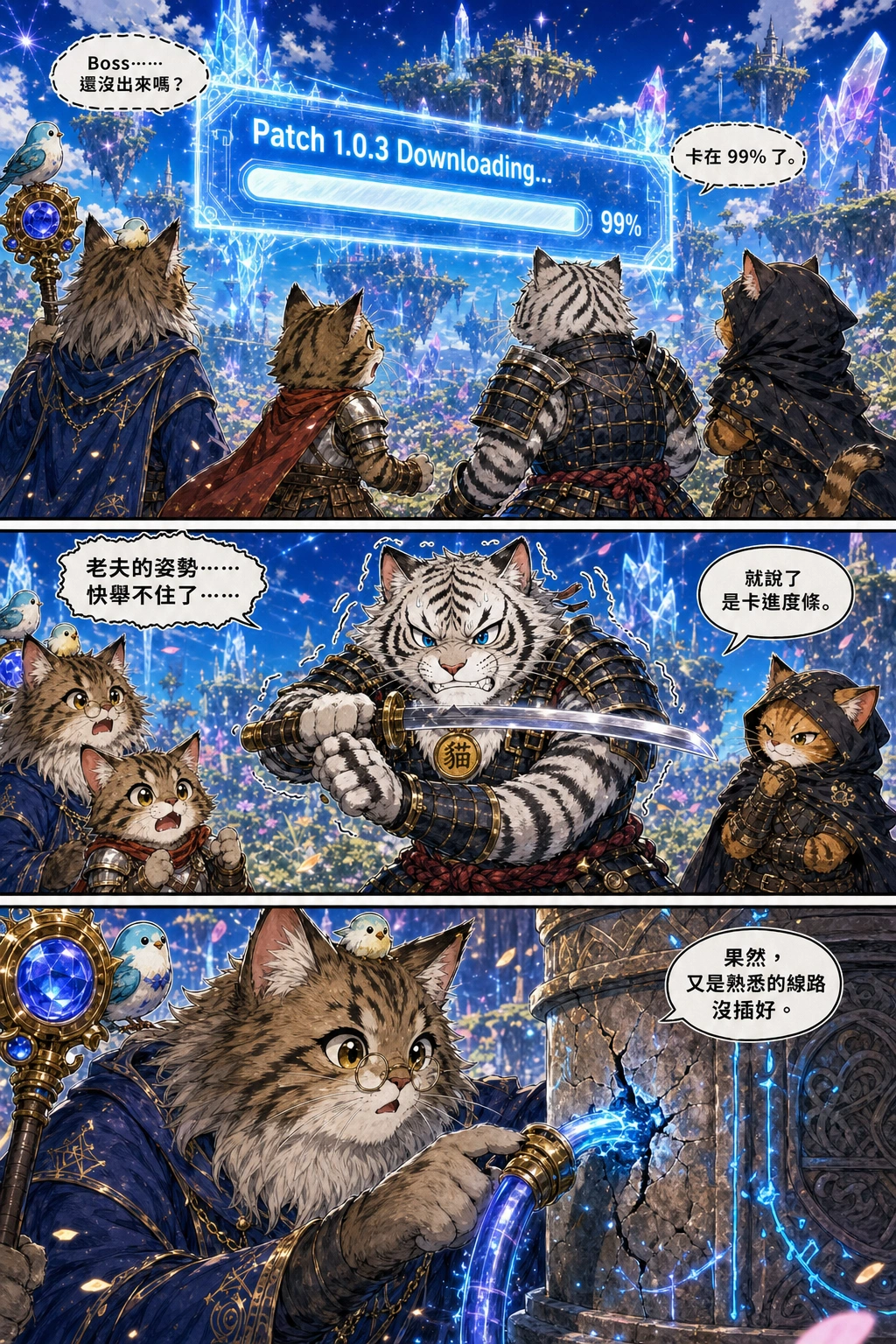 A huge progress bar titled 'Patch 1.0.3 Downloading...' hangs frozen in the sky at 99%, glowing cold white light.：小白++「Boss……還沒出來嗎？」、里歐「卡在 99% 了。」、中年攻城屍「老夫的姿勢……快舉不住了……」、小鳥不啾「就說了是卡進
