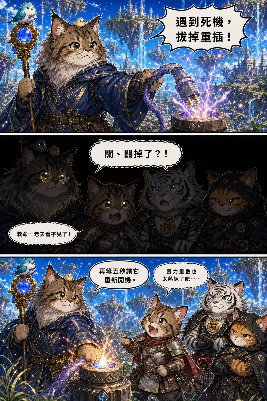 MAGE CAT grips the thick glowing magic cable in her free paw and yanks it straight out of the stone pedestal socket, her staff still held in her other paw, her face completely deadpan behind her glasses.：小鳥不啾「遇到死機，拔掉重插！」、小白++「關、關掉了？！」、中年攻城屍「救命，老夫看不見了！」、小鳥不啾「再等五