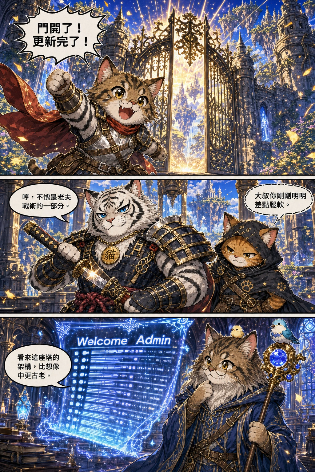 The world instantly lights up in warm golden light; the massive iron gate creaks open smoothly with a cheerful chime sound.：小白++「門開了！更新完了！」、中年攻城屍「哼，不愧是老夫戰術的一部分。」、里歐「大叔你剛剛明明差點腿軟。」、小