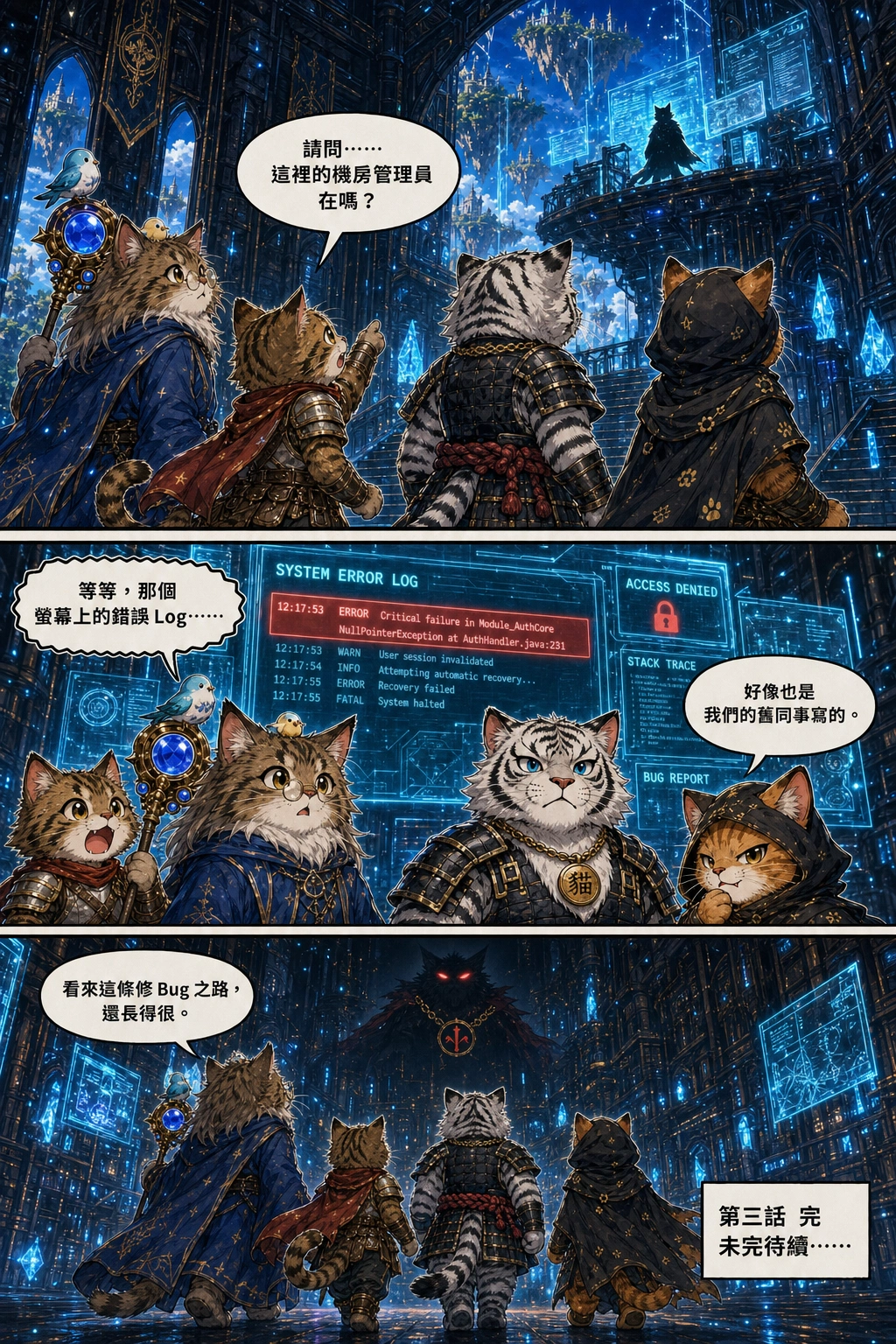 The four cats step inside the towering dark lobby; high up on a floating platform, a mysterious cat silhouette surrounded by dark cyan screens looks down at them.：小白++「請問……這裡的機房管理員