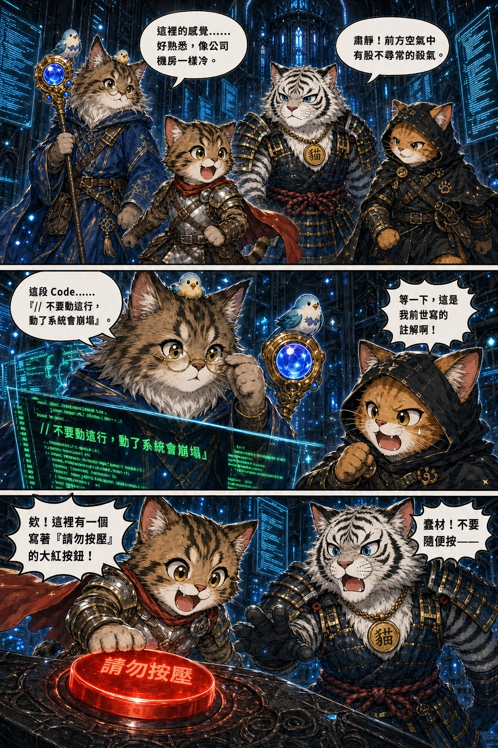 The four cats walk through a futuristic dark passage inside the tower. Holographic cyan logs scroll rapidly on vertical floating screens lining the stone walls.：小白++「這裡的感覺……好熟悉，像公司