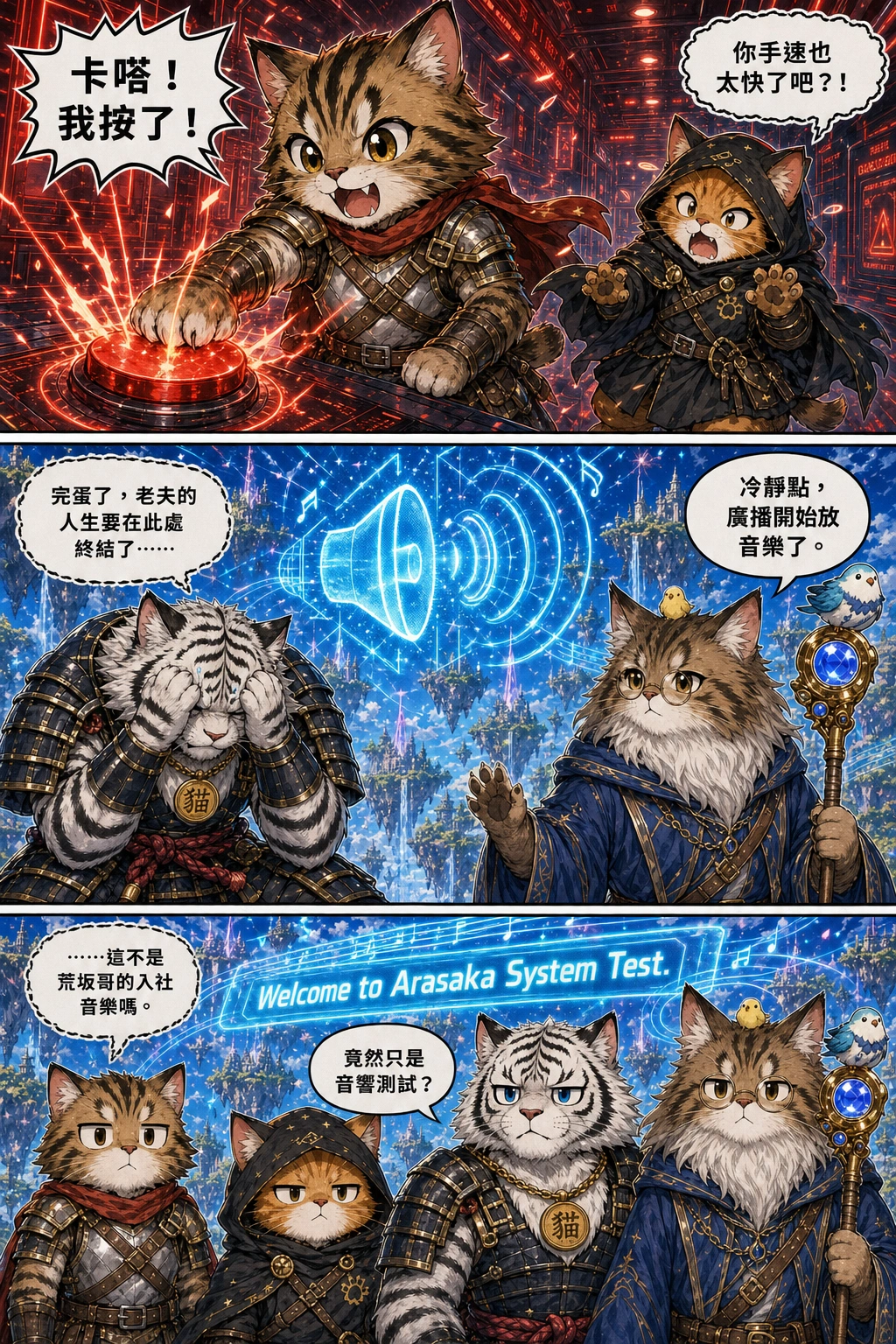 SWORDSMAN CAT slams his cat hand straight down onto the giant red button. High-voltage red emergency lights immediately flash across the whole corridor.：小白++「卡嗒！我按了！」、里歐「你手速也太快了吧？！