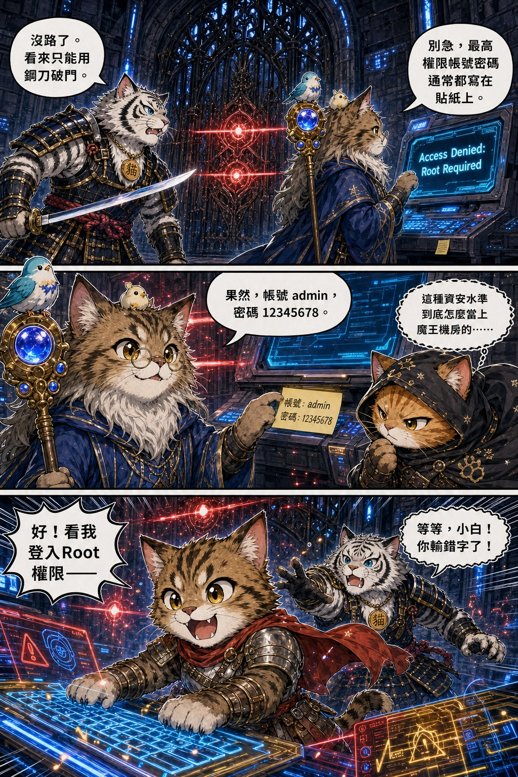The passage dead-ends at a huge heavy iron security gate sealed with three glowing red energy bolts. A terminal screen displays 'Access Denied: Root Required'.：中年攻城屍「沒路了。看來只能用鋼刀破門。