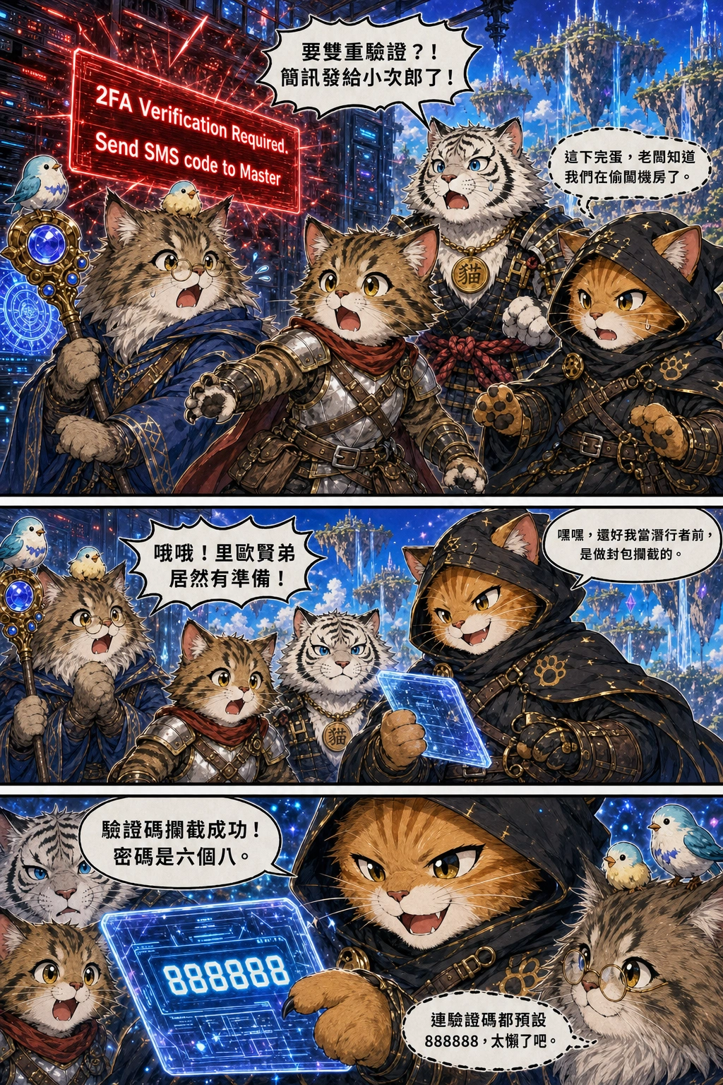 The terminal screen flashes violently red with huge text '2FA Verification Required. Send SMS code to Master'. All four cats stagger back.：小白++「要雙重驗證？！簡訊發給小次郎了！」、里歐「這下完蛋，老闆知道我們在偷闖機