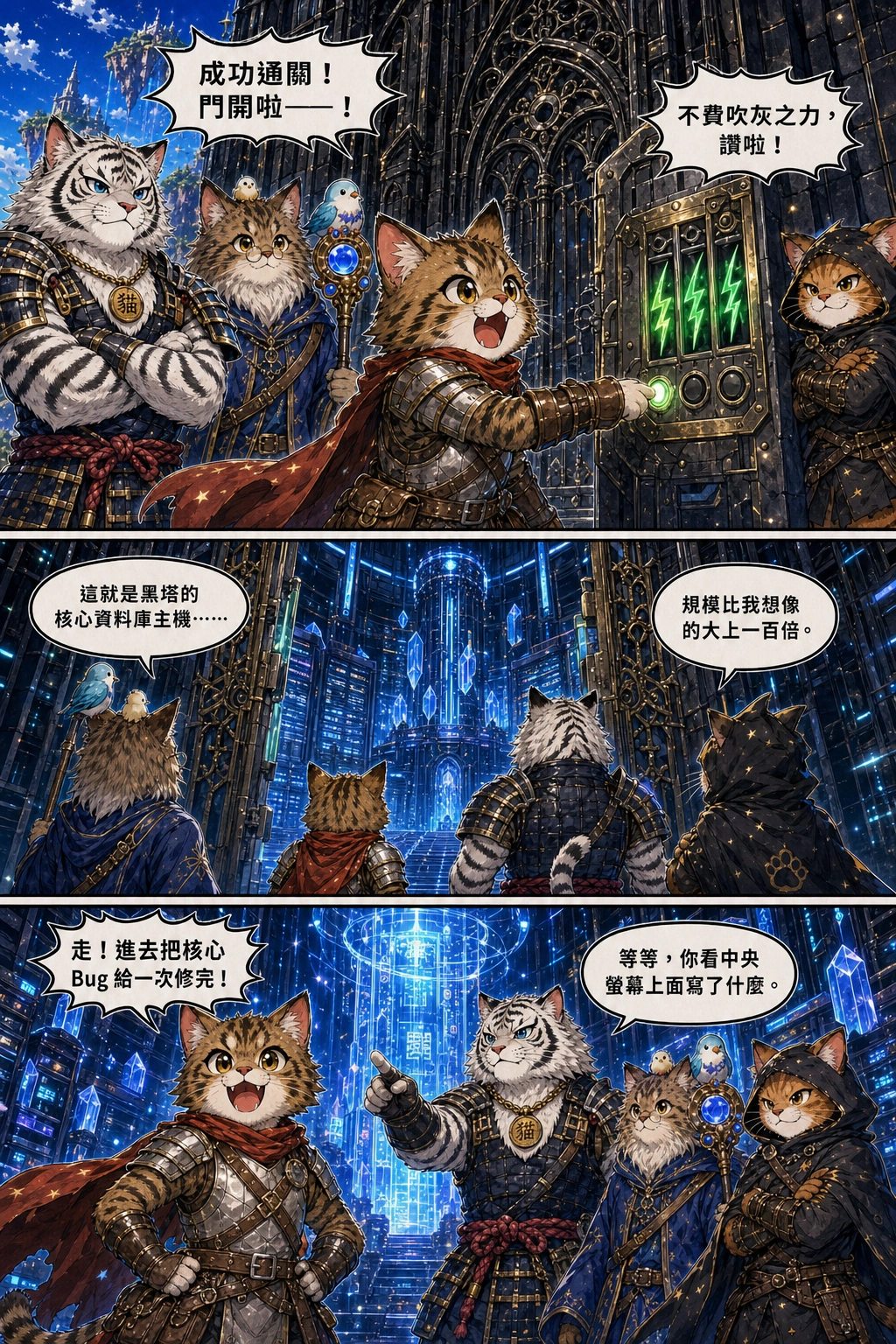 SWORDSMAN CAT enters the 6-digit code on the key panel using his front paw. The three red energy bolts turn green with a loud mechanical unlock sound.：小白++「成功通關！門開啦——！」、中年攻城屍「不費吹灰之