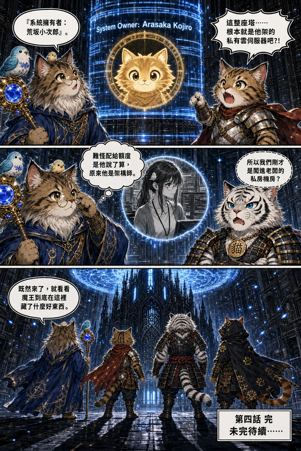 Close-up on the central holographic column displaying a golden user profile picture of a cute fluffy cat avatar titled 'System Owner: Arasaka Kojiro'.：小鳥不啾「『系統擁有者：荒坂小次郎』。」、里歐「這整座塔…