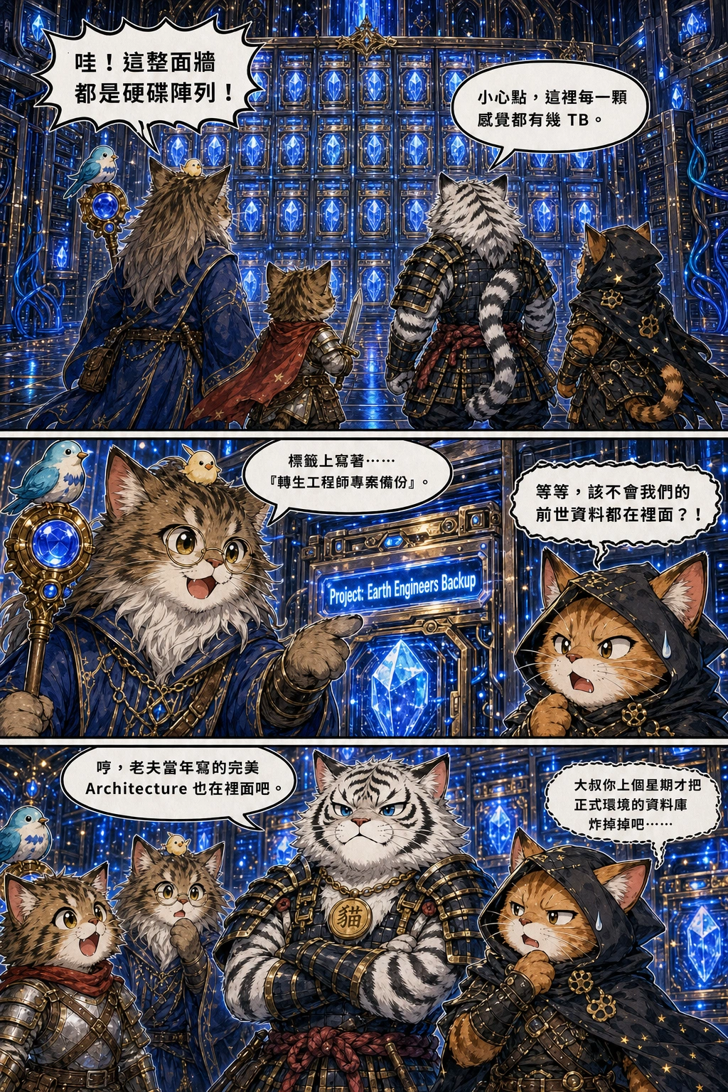 The four cats stand inside the massive server vault facing a giant shining blue storage array rack filled with thousands of glowing crystal drive bays.：小白++「哇！這整面牆都是硬碟陣列！」、中年攻城屍「小心