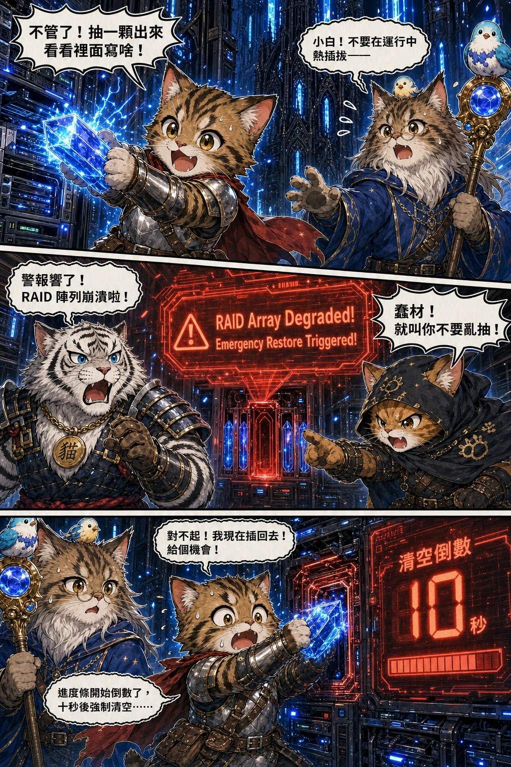 SWORDSMAN CAT reaches his paw out curiosity and pulls out a glowing blue crystal drive from the rack.：小白++「不管了！抽一顆出來看看裡面寫啥！」、小鳥不啾「小白！不要在運行中熱插拔——」、里歐「警報響了！RAID 陣列崩潰啦！」、中年攻城屍「蠢材！就叫你不