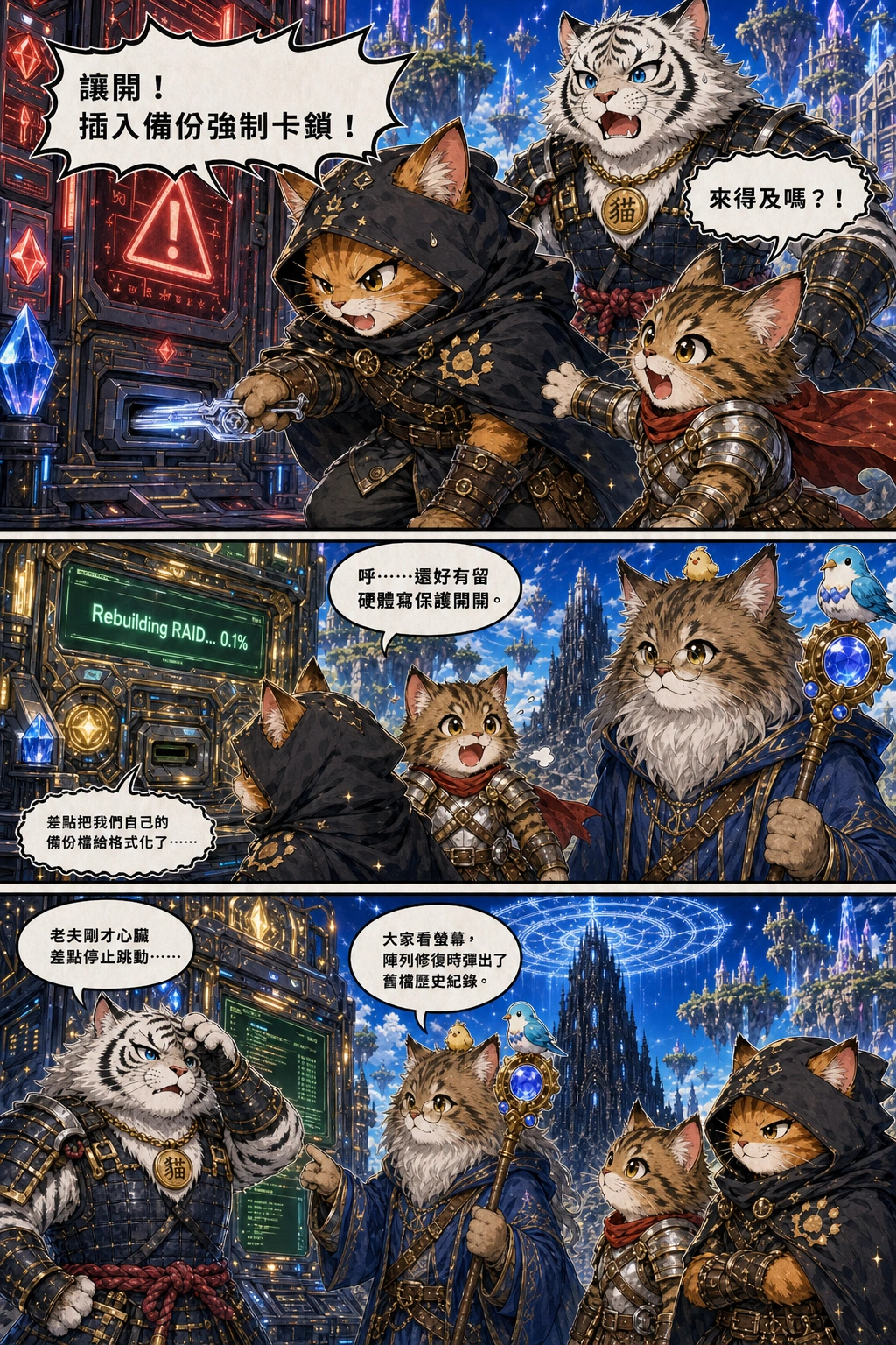 ROGUE CAT quickly pulls out a glowing silver bypass key with his hand and inserts it into a slot under the rack terminal.：里歐「讓開！插入備份強制卡鎖！」、中年攻城屍「來得及嗎？！」、里歐「呼……還好有留硬體寫保護開關。」、小白++「差點