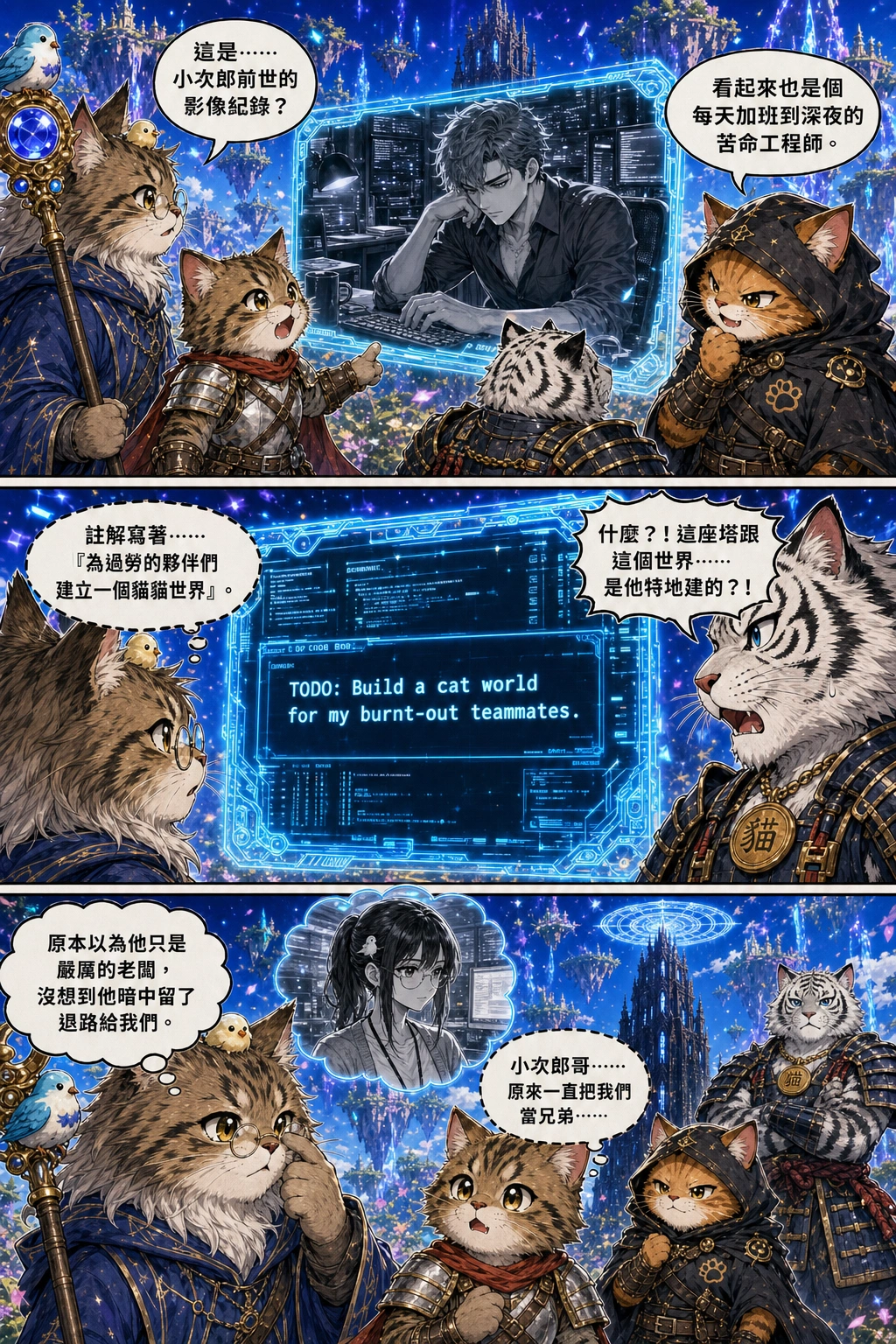 The floating cyan screen displays a video log of former human male engineer Kojiro typing tiredly at night in an office.：小白++「這是……小次郎前世的影像紀錄？」、里歐「看起來也是個每天加班到深夜的苦命工程師。」、小鳥不啾「註解寫著……『