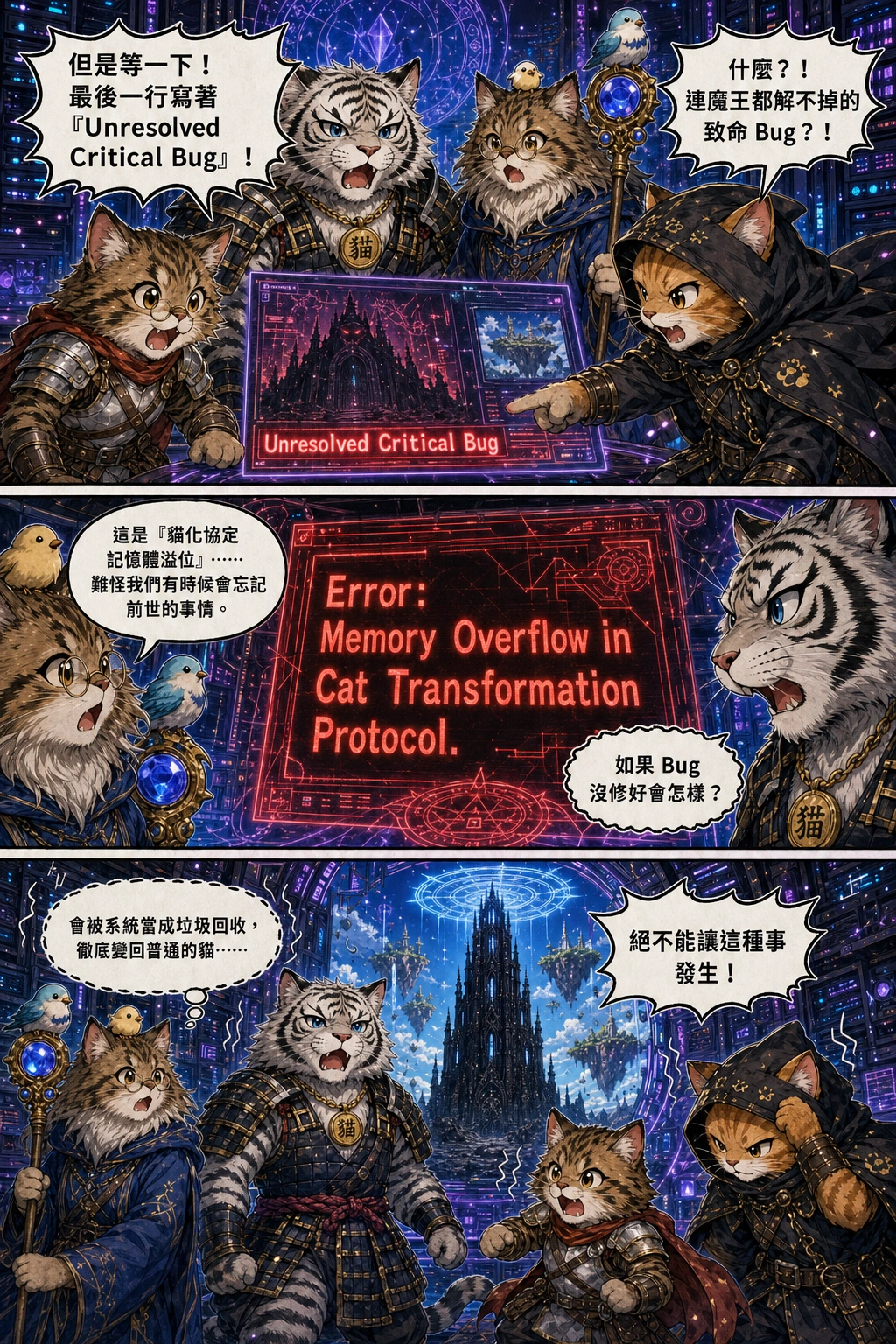 ROGUE CAT points his cat paw at a flashing red line of code at the bottom of the video log.：里歐「但是等一下！最後一行寫著『Unresolved Critical Bug』！」、中年攻城屍「什麼？！連魔王都解不掉的致命 Bug？！」、小鳥不啾「這是『貓化協定記憶體溢位