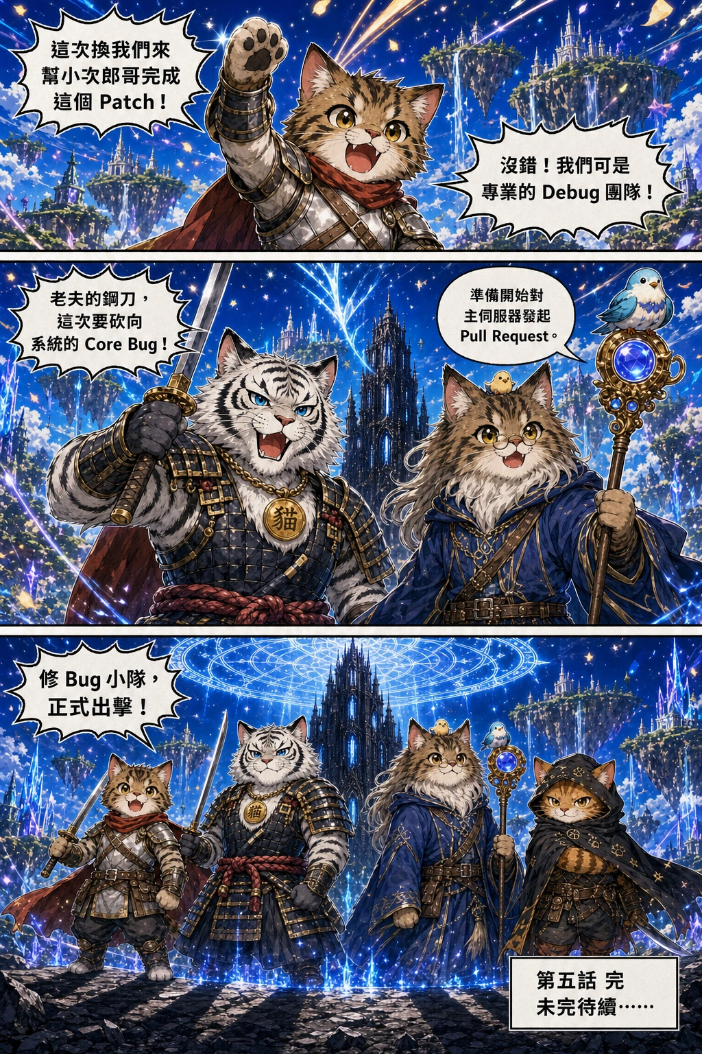 SWORDSMAN CAT raises his front paw high with determined eyes, tiger fang gleaming.：小白++「這次換我們來幫小次郎哥完成這個 Patch！」、里歐「沒錯！我們可是專業的 Debug 團隊！」、中年攻城屍「老夫的鋼刀，這次要砍向系統的 Core Bug！」、小鳥不啾「準備開始對主