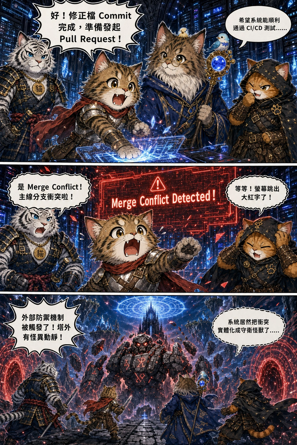 SWORDSMAN CAT (center-left) slams his front paw onto a glowing crystal terminal inside the tower server vault, while MAGE CAT (center-right) holds her magic staff. SAMURAI CAT (far