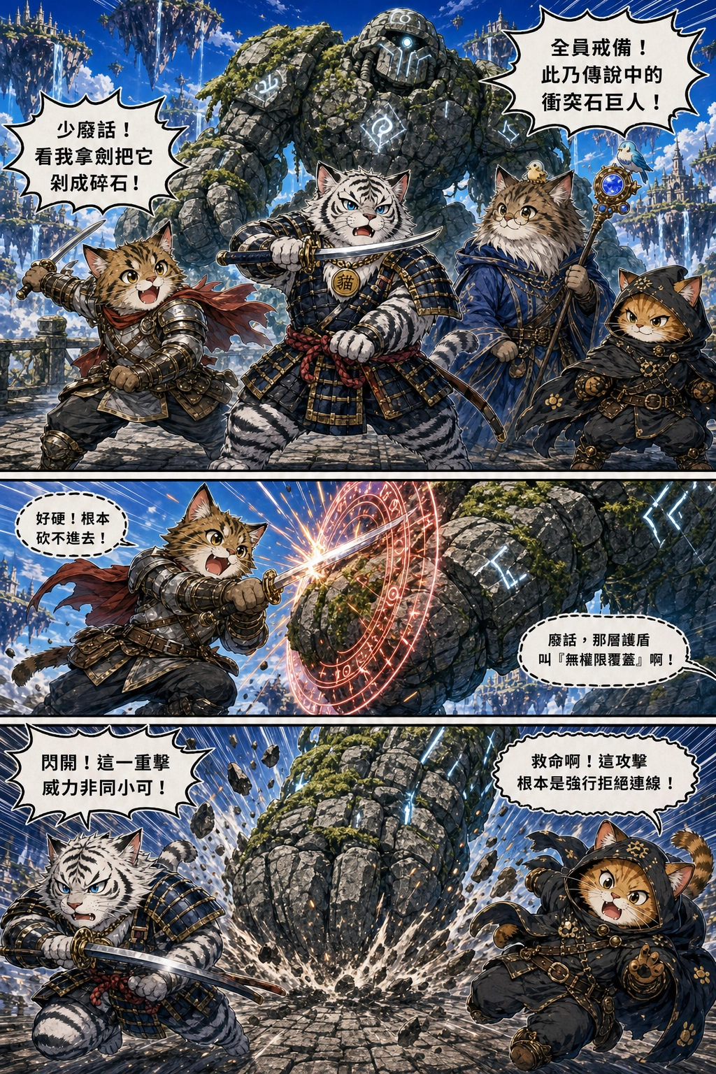 Wide dramatic outdoor shot. On the fog-covered stone bridge, a massive mossy stone golem towers over all four cats. SAMURAI CAT stands at the center-front drawing his sword, SWORDS