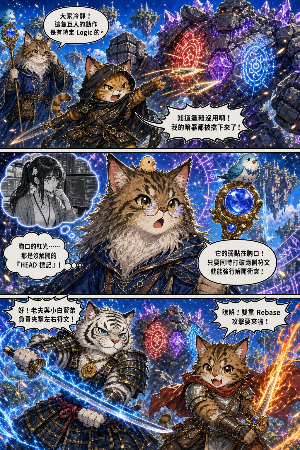 MAGE CAT stands in the background adjusting her gold-rimmed glasses, observing glowing magic runes on the stone golem's chest. ROGUE CAT stands in the foreground, throwing three gl
