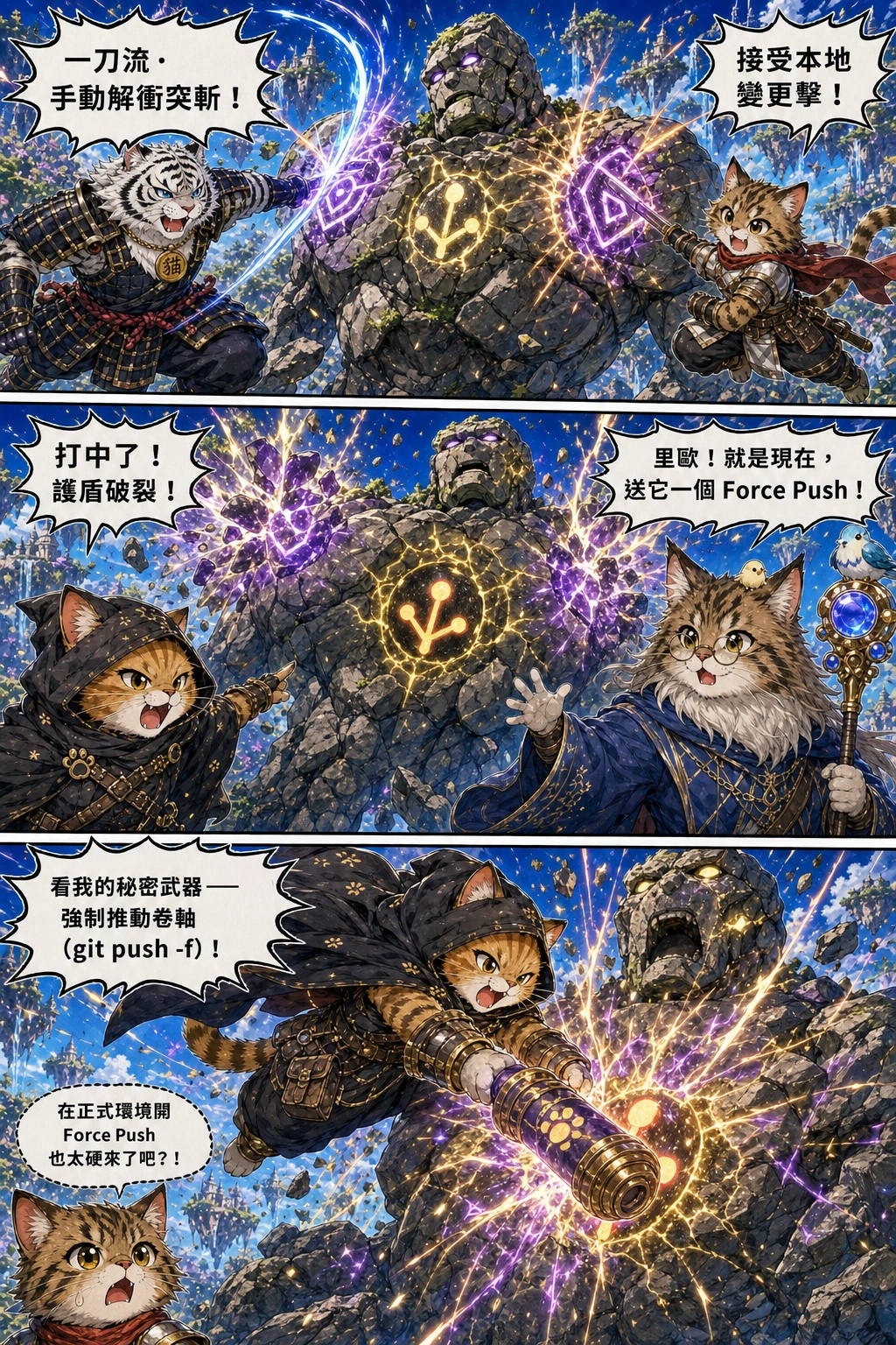 SAMURAI CAT (left) slashes the golem's left shoulder rune with sword aura, while SWORDSMAN CAT (right) strikes the right shoulder rune simultaneously in dynamic motion.：中年攻城屍「一刀流·手